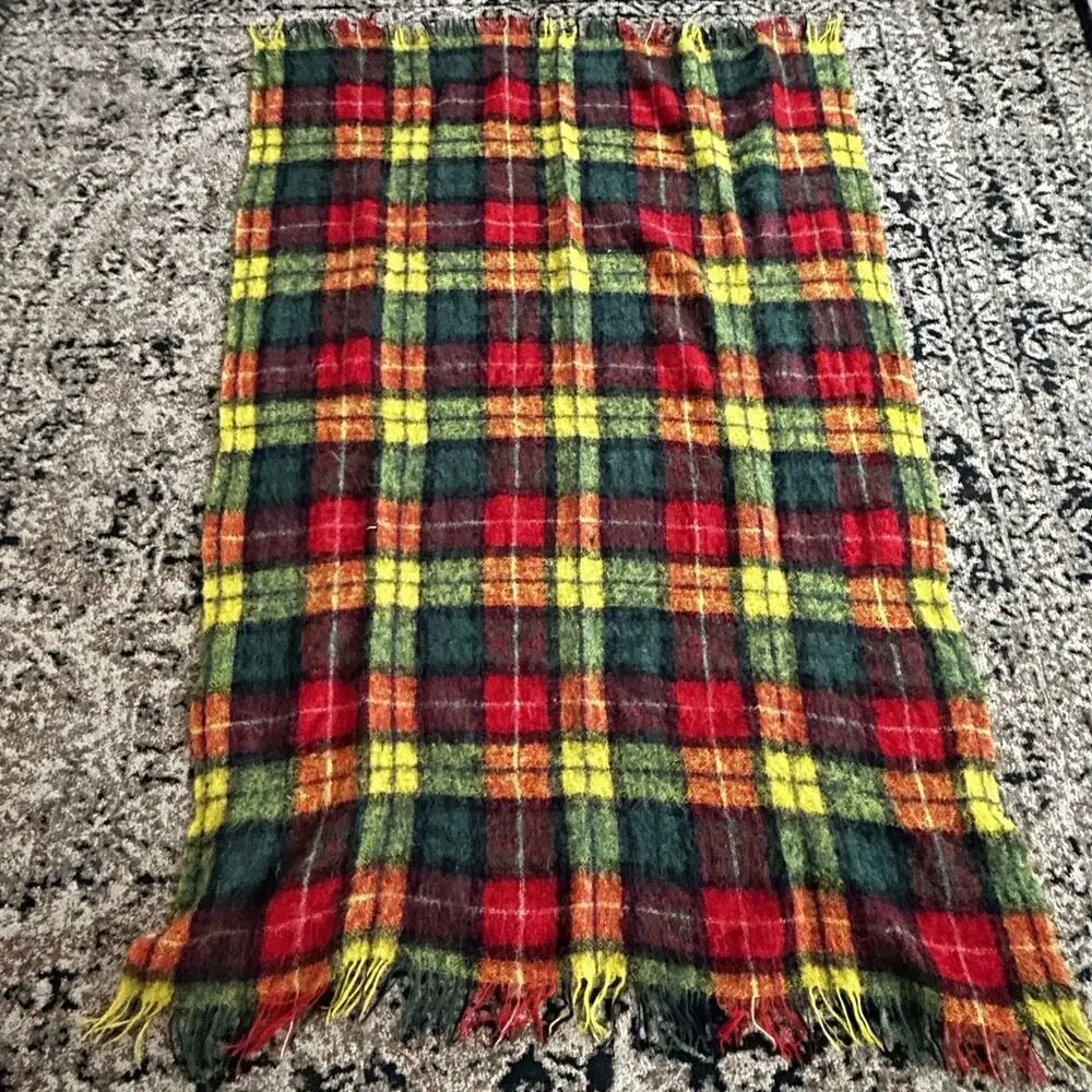 Vintage Glentana Mohair Wool Plaid Blanket Made in Scotland Fringe Throw